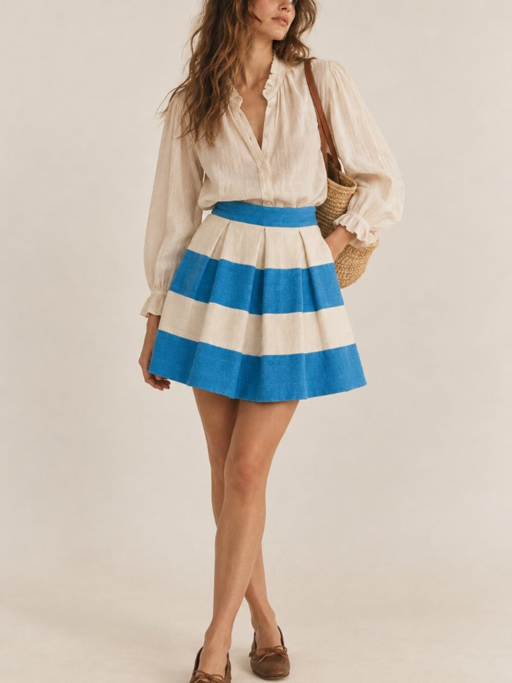 Boden Blue Cream Striped Pleated Cotton A-line Mini Skirt Preppy Coastal
